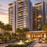 Luxury apartment exterior in Chennai featuring a modern high-rise gated community with landscaped entrance and premium amenities