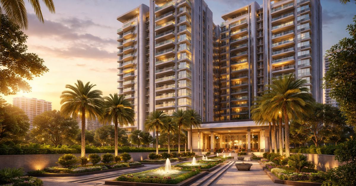 Luxury apartment exterior in Chennai featuring a modern high-rise gated community with landscaped entrance and premium amenities
