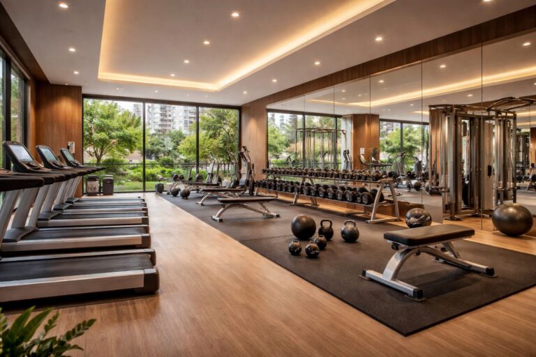 Modern gym facility in a luxury apartment in Chennai with treadmills, fitness equipment, and spacious workout area