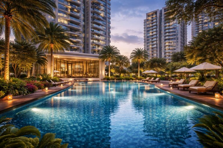 Luxury apartment swimming pool in Chennai with landscaped deck, lounge seating, and premium residential towers