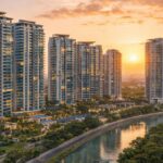 Luxury high-rise residential apartments in a premium Chennai neighborhood with landscaped surroundings and waterfront view during sunset.