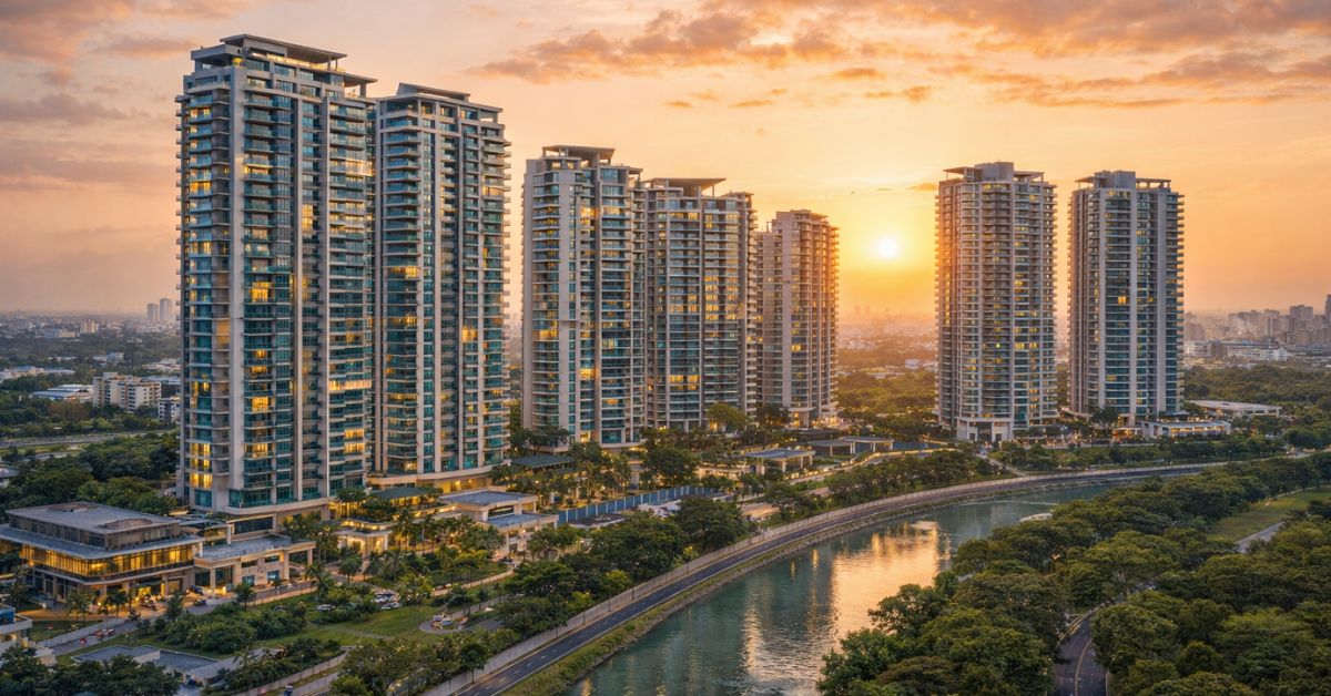 Luxury high-rise residential apartments in a premium Chennai neighborhood with landscaped surroundings and waterfront view during sunset.