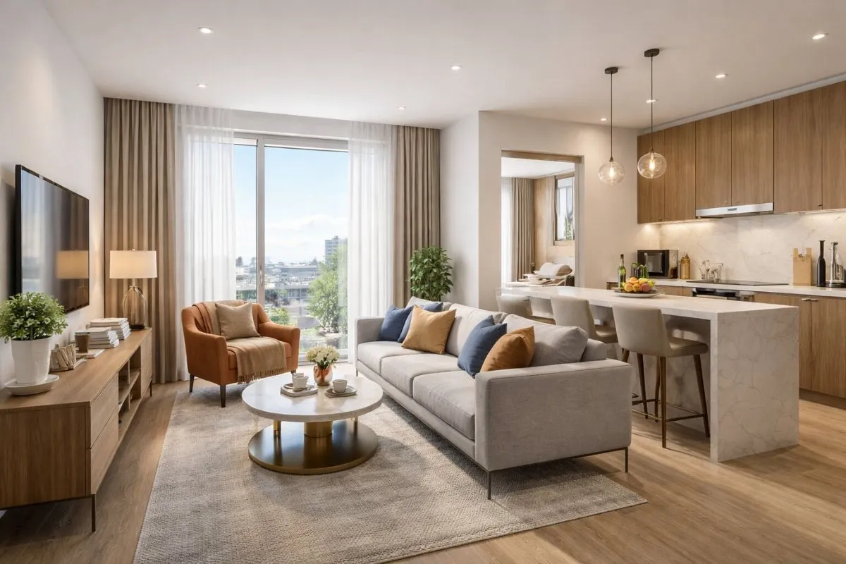 Modern serviced apartment interior in Chennai with fully furnished living room, open kitchen and separate bedroom layout