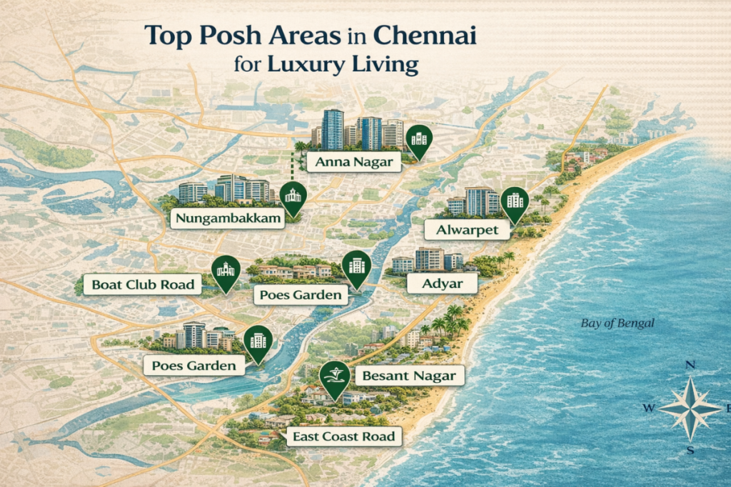 Illustrated map of Chennai highlighting top posh residential areas including Anna Nagar, Adyar, Alwarpet, Nungambakkam, Besant Nagar, Boat Club Road, Poes Garden, and East Coast Road.