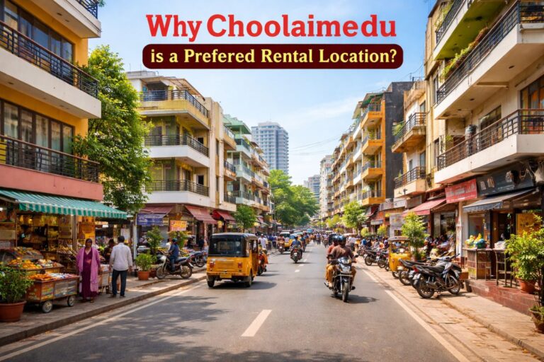 Busy residential street in Choolaimedu Chennai with shops, apartments, and vehicles highlighting its popularity for rentals