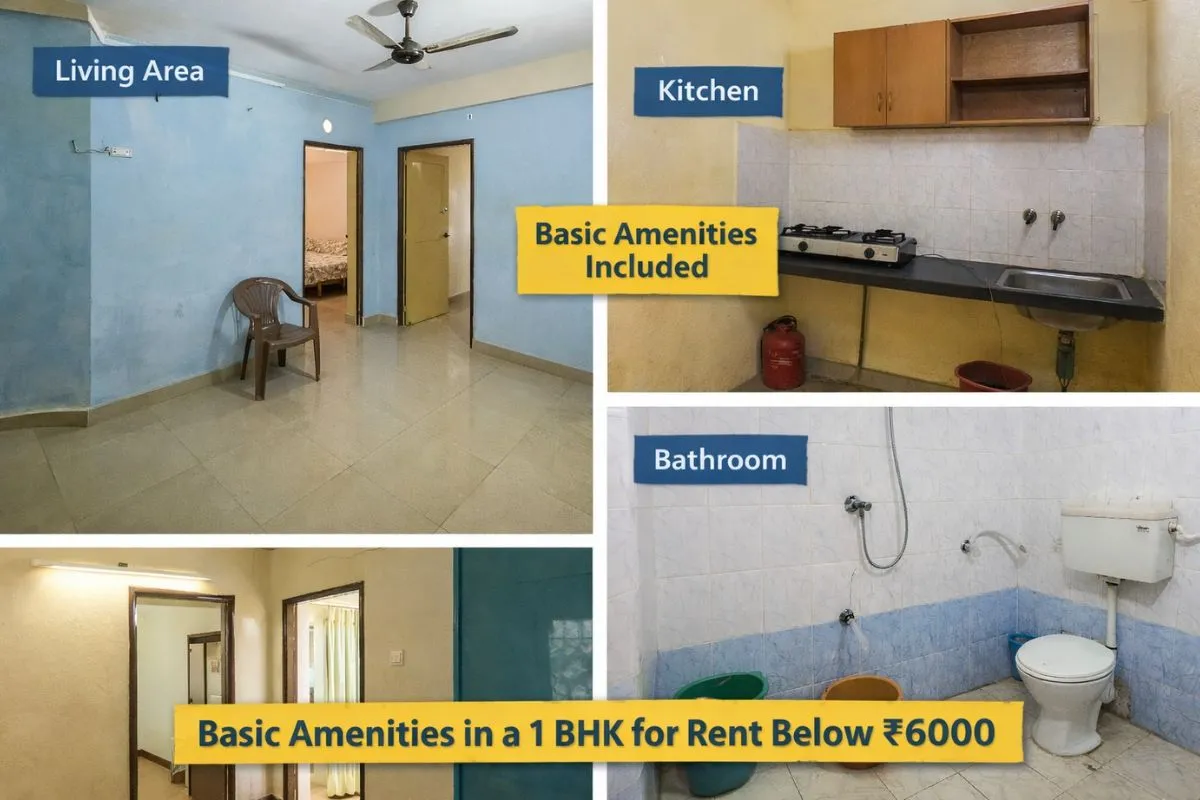 Interior of a budget 1 BHK house with living hall, kitchen, bedroom, and bathroom showing amenities like water supply and ventilation