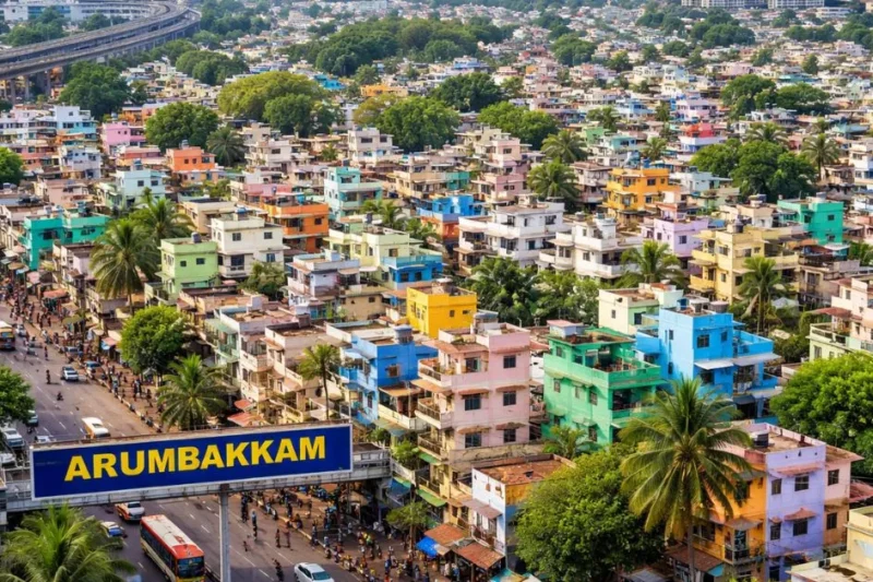 1 BHK house for rent in Arumbakkam with colorful residential buildings, busy roads, and urban Chennai surroundings.