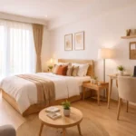 1 BHK studio apartment for rent in Chennai with bright interiors, modern furnishings, and spacious living design.