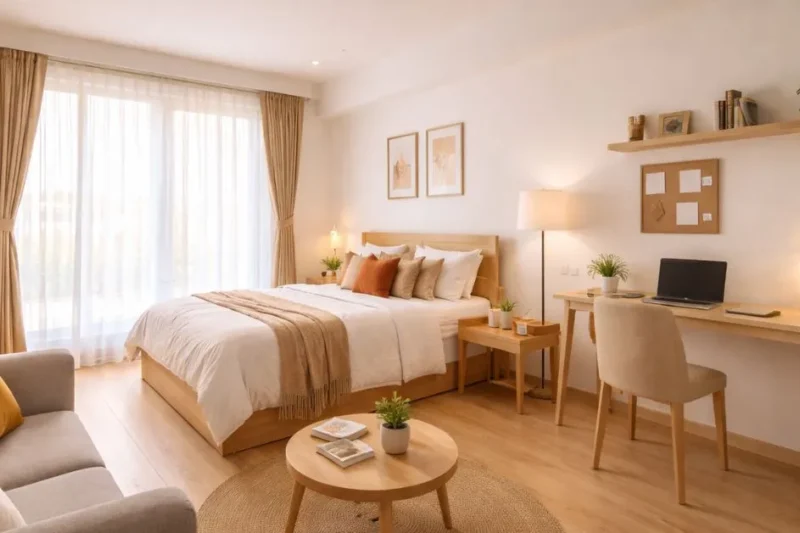 1 BHK studio apartment for rent in Chennai with bright interiors, modern furnishings, and spacious living design.