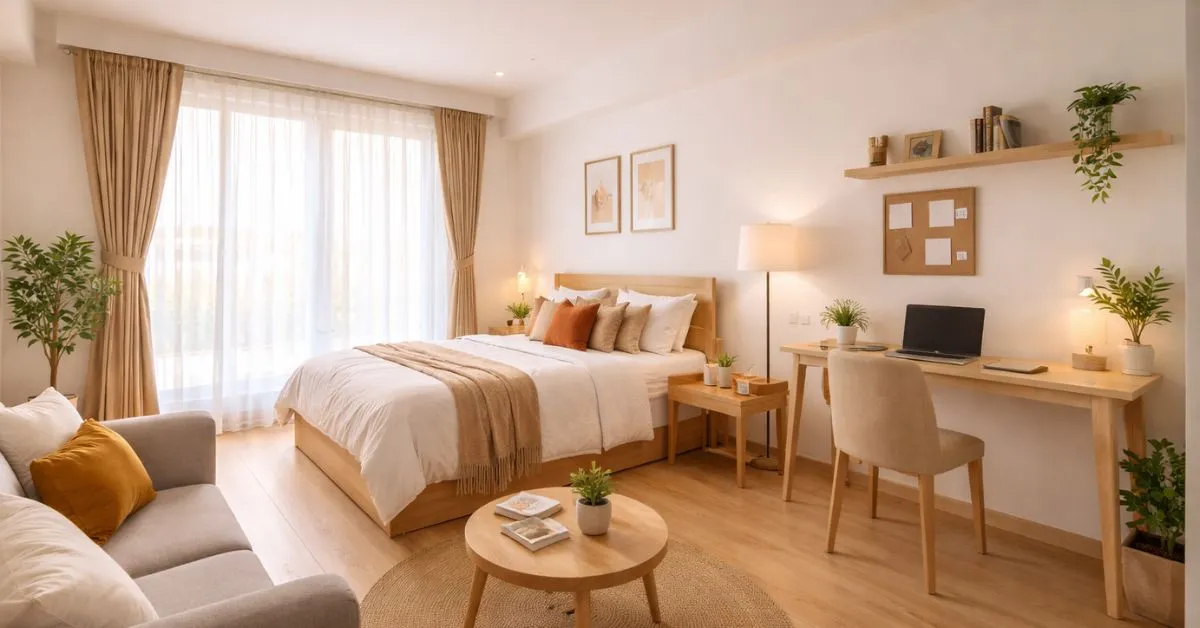 1 BHK studio apartment for rent in Chennai with bright interiors, modern furnishings, and spacious living design.