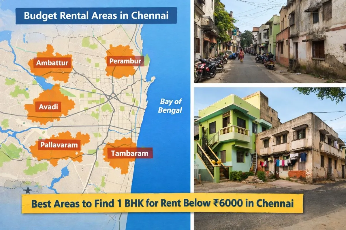 Map showing affordable areas in Chennai like Red Hills, Madhavaram, Avadi, Poonamallee, Tambaram outskirts, Guduvanchery, and Mudichur with 1 BHK rent under ₹6000