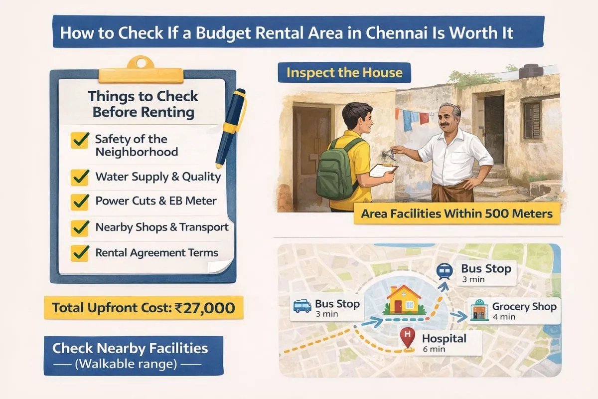 Street view in Chennai showing shops, bus stop, and metro access highlighting factors like connectivity, safety, and amenities to check before renting a house