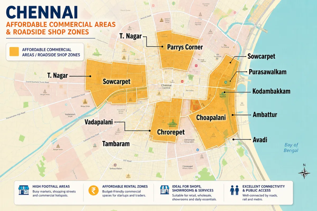 Map showing affordable commercial zones and roadside shop locations across Chennai areas.