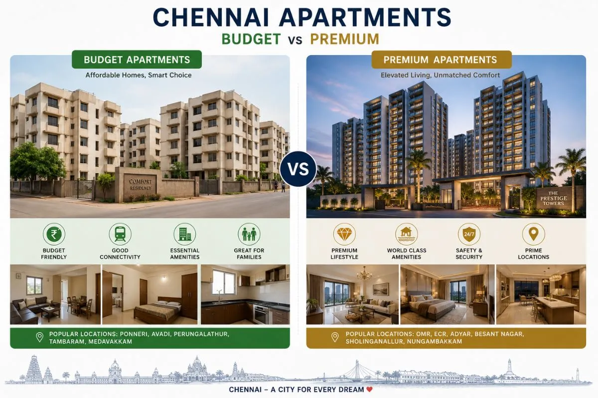Side-by-side comparison of budget and premium apartments in Chennai featuring apartment exteriors, interiors, amenities, and popular rental locations across the city.
