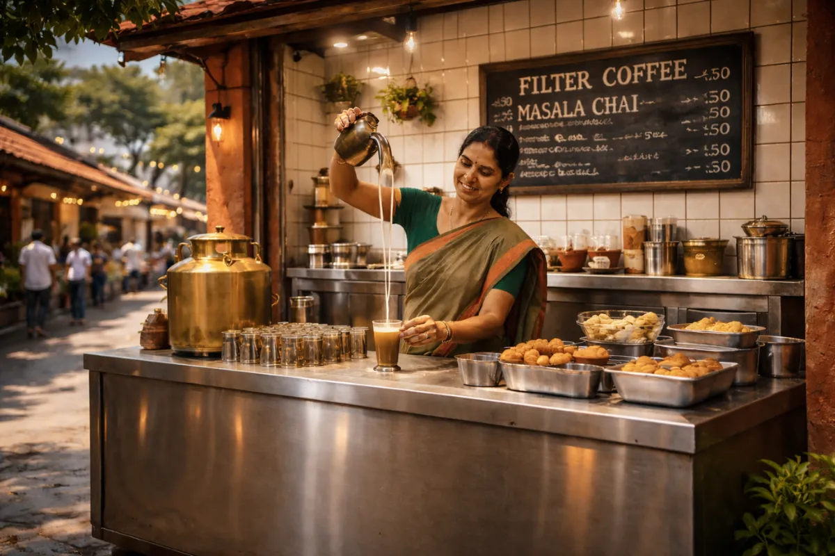 Traditional Chennai filter coffee stall serving tea and snacks in a busy market area.