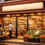 Small grocery shop with fresh vegetables and warm lighting in a busy Chennai street.
