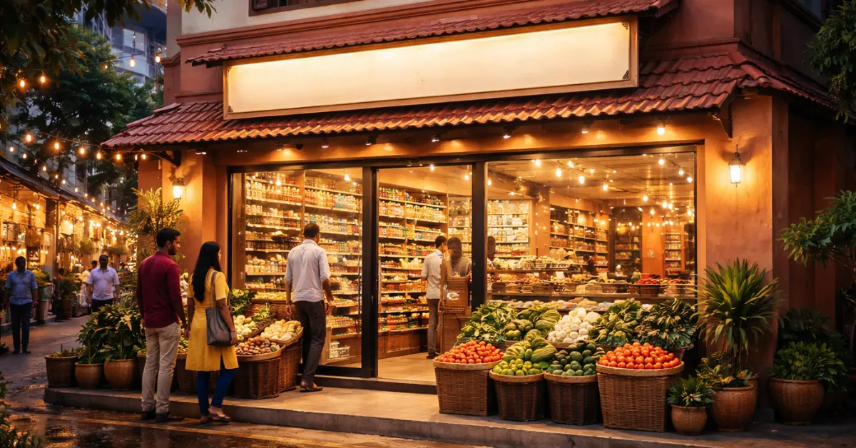 Small grocery shop with fresh vegetables and warm lighting in a busy Chennai street.