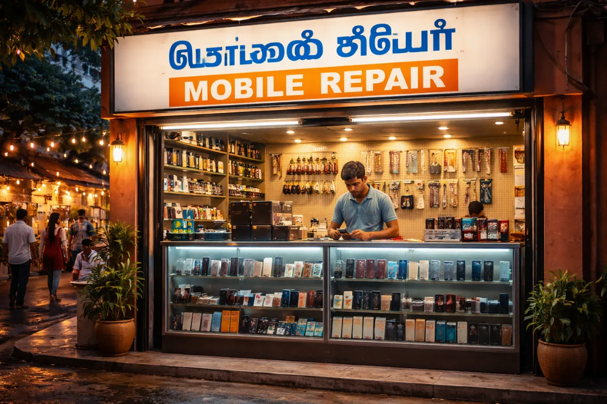 Small roadside mobile repair shop in Chennai with accessories and display counters.