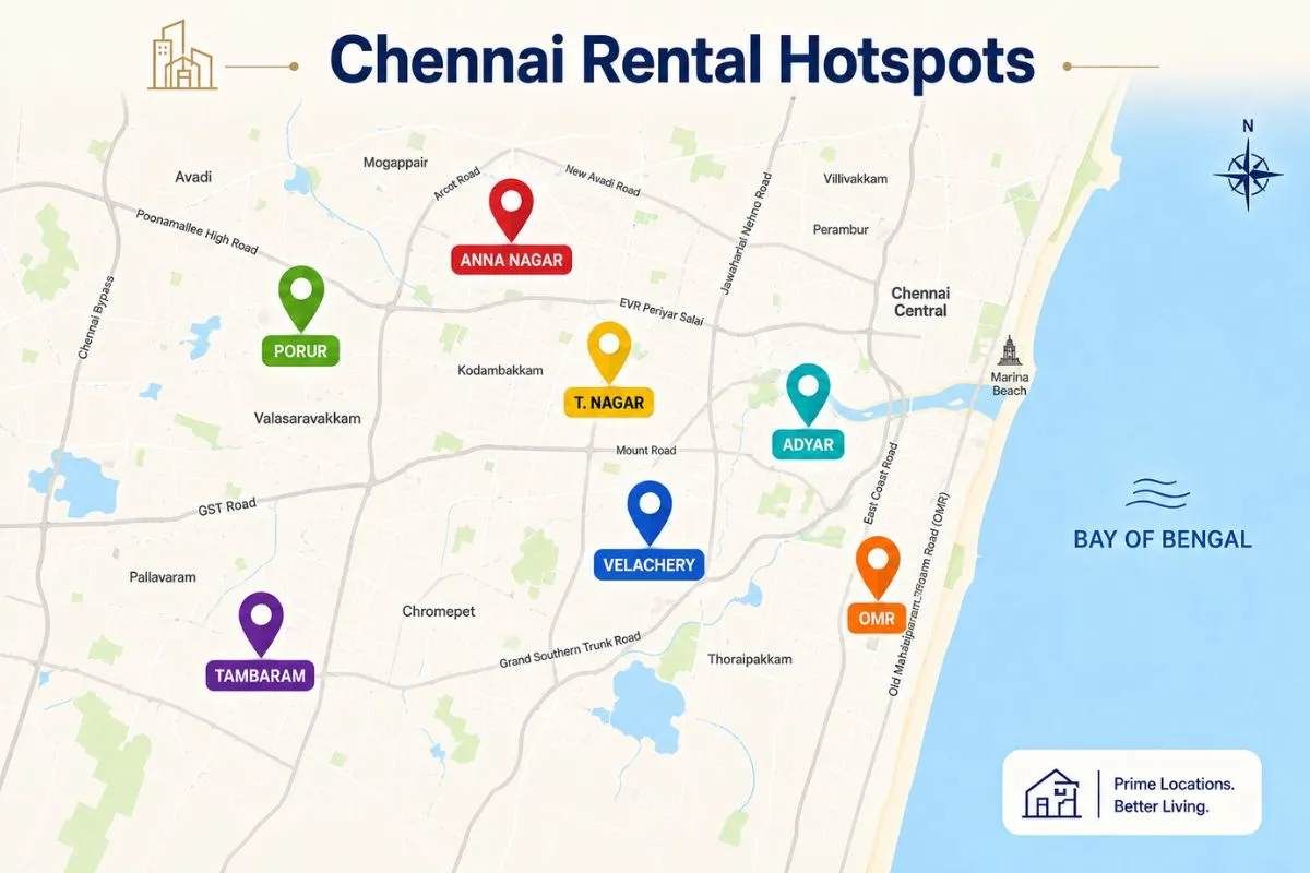 A clean and modern illustrated map of Chennai highlighting popular rental hotspot neighborhoods including OMR, Velachery, Porur, Anna Nagar, Tambaram, Adyar, and T. Nagar. Designed in a premium real estate infographic style with color-coded location markers, subtle road details, and the Bay of Bengal coastline. Ideal for blogs, real estate websites, rental guides, and Chennai property market content.