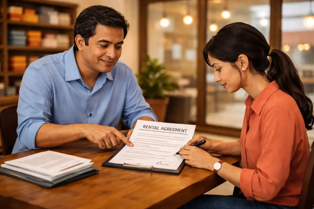 Tenant signing a commercial shop rental agreement document in Chennai.
