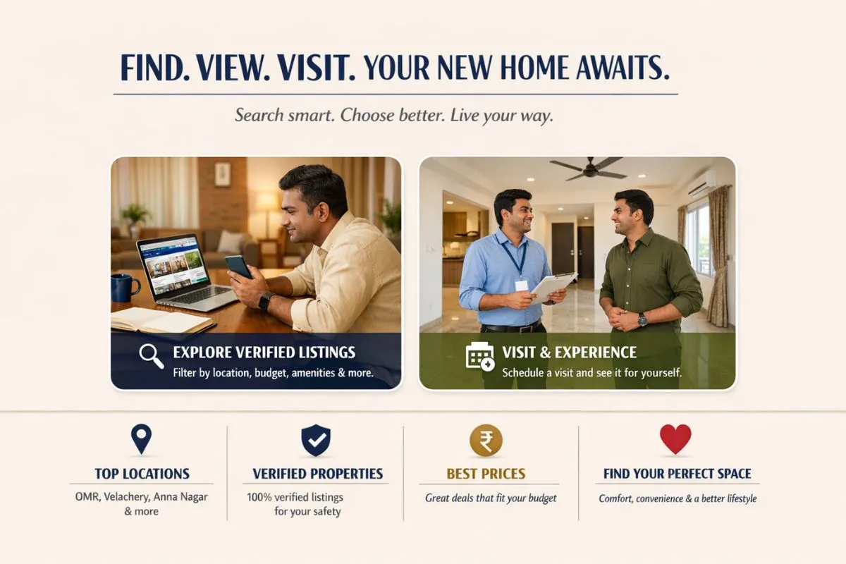 Real estate themed image showing a person browsing verified apartment listings online and visiting a rental property in Chennai.
