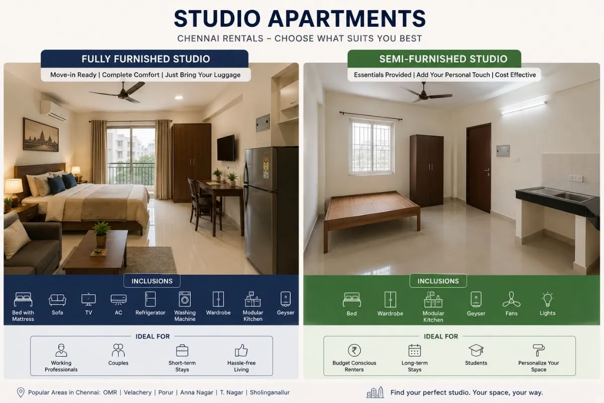 Comparison infographic showing fully furnished and semi-furnished studio apartments in Chennai with included amenities, furniture, and ideal renter categories.