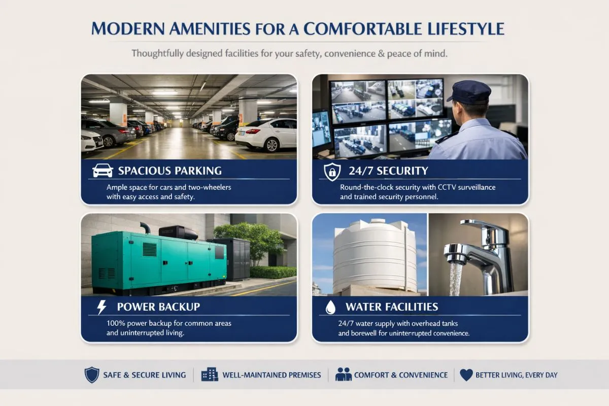 Apartment amenities collage featuring spacious parking, 24/7 security, power backup, and water facilities for modern rental apartments in Chennai.
