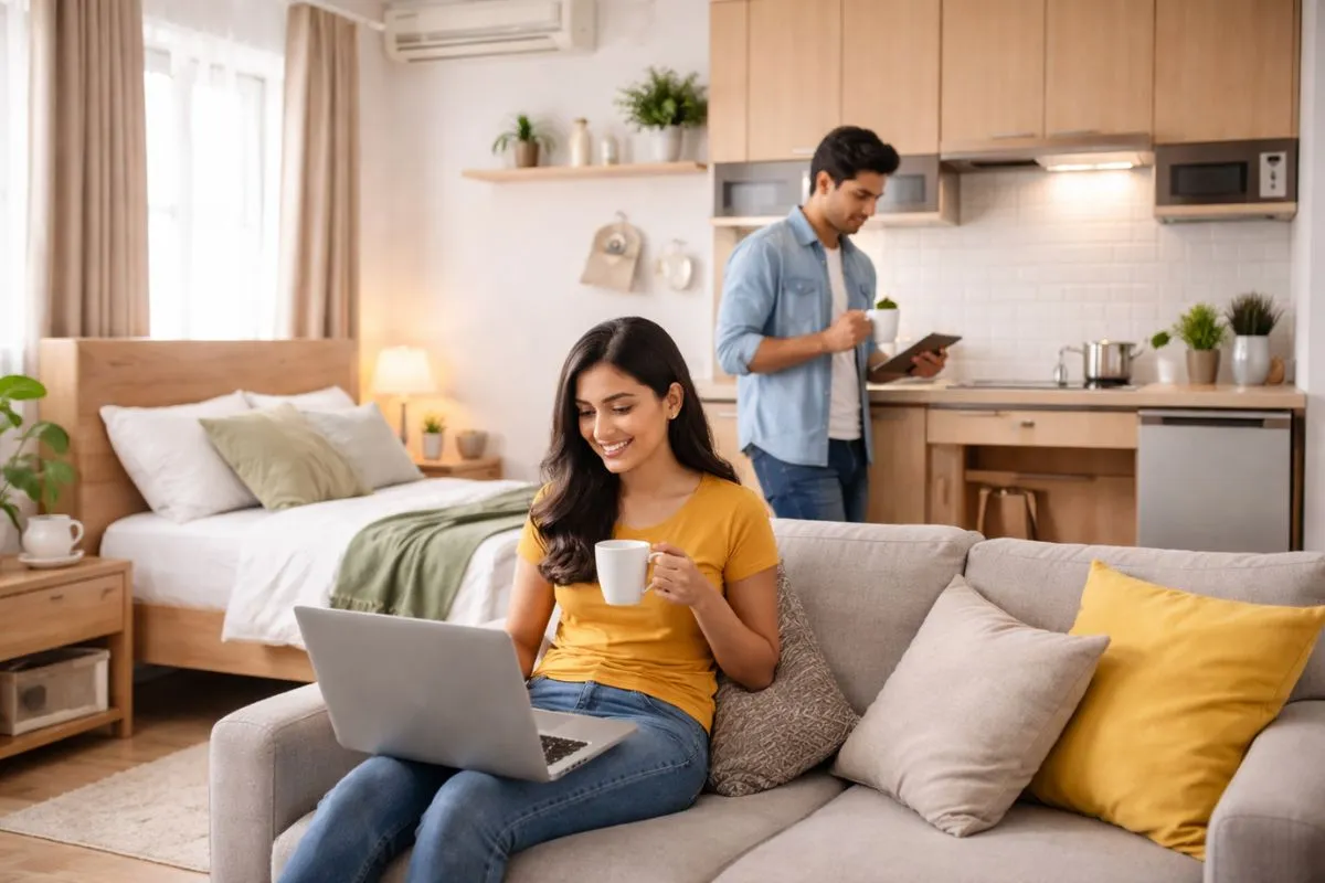Cozy modern studio apartment interior with young professionals working and relaxing in a furnished rental space with kitchen and living area.