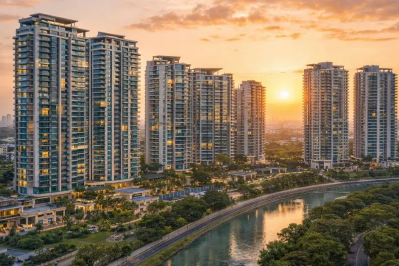 Posh areas in Chennai with luxury high-rise apartments, landscaped surroundings, and waterfront sunset views.
