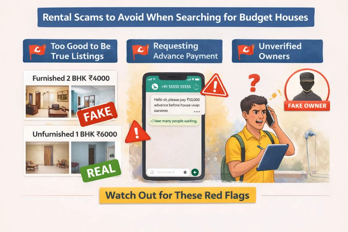 Infographic showing rental scam warning signs like low rent offers, upfront payment demands, and tips to verify property before renting