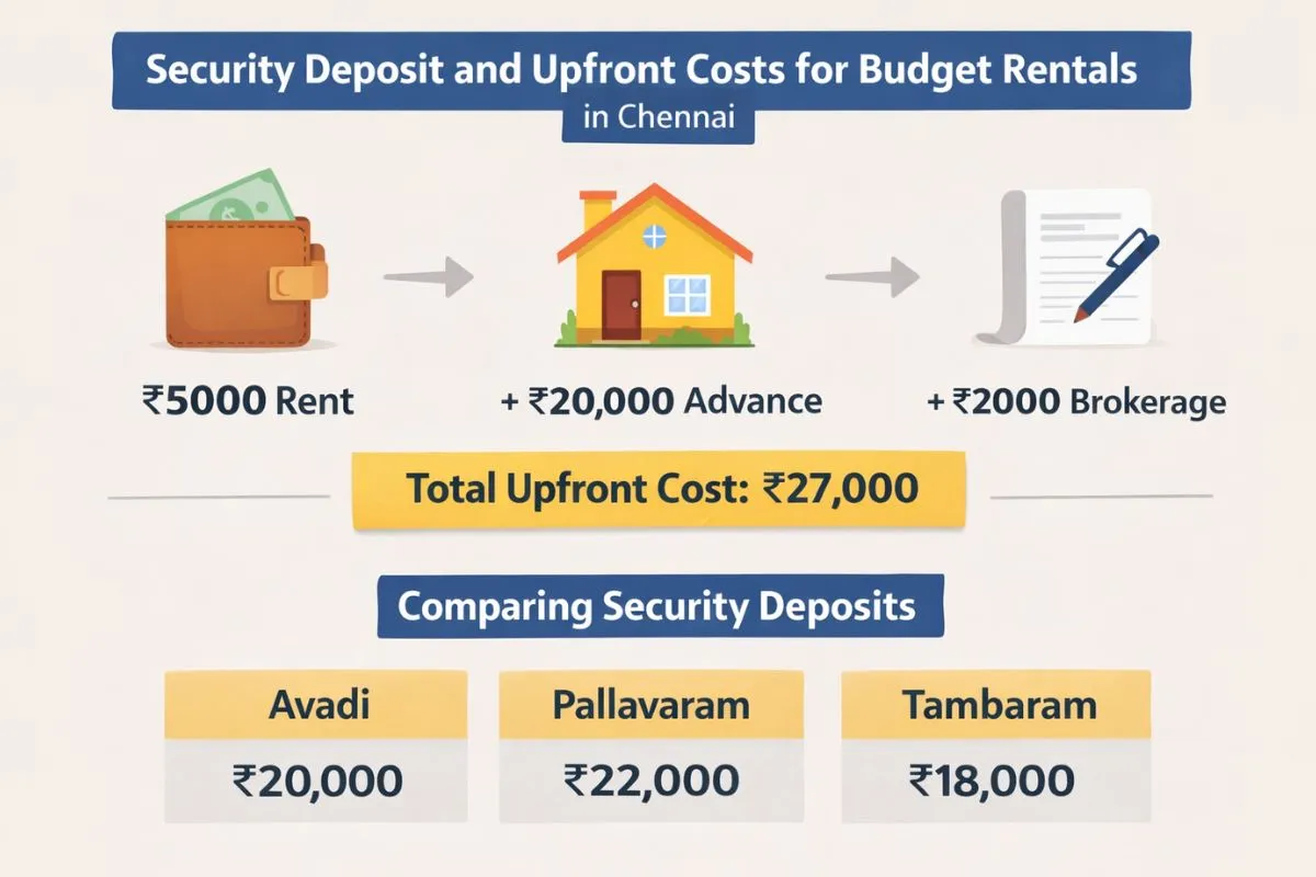 Hands exchanging cash over a rental agreement with note about security deposit and upfront costs like advance rent and brokerage