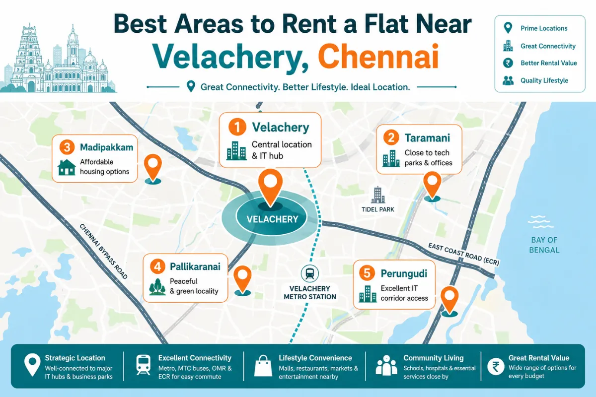 Map infographic showing top rental areas near Velachery including Taramani, Madipakkam and Perungudi.