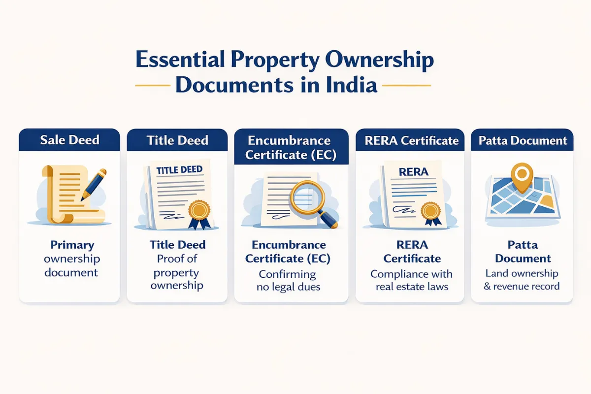 Infographic displaying five essential property ownership documents in India: Sale Deed, Title Deed, Encumbrance Certificate (EC), RERA Certificate, and Patta Document, with icons and brief explanations for each document.