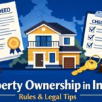 Professional illustration of a residential property in India with legal ownership documents, title deed, checklist, key, stamp, and gavel, representing property ownership rules and legal guidance in India.