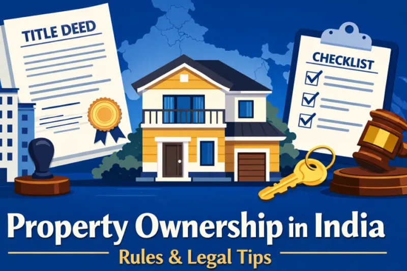 Professional illustration of a residential property in India with legal ownership documents, title deed, checklist, key, stamp, and gavel, representing property ownership rules and legal guidance in India.