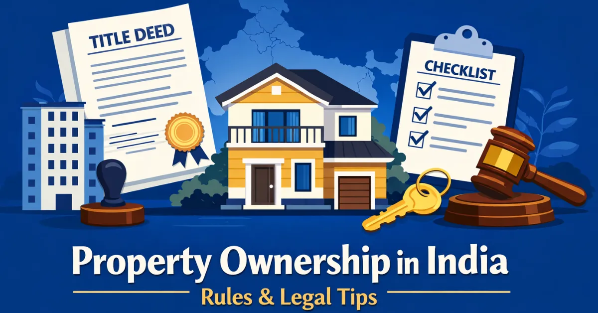 Professional illustration of a residential property in India with legal ownership documents, title deed, checklist, key, stamp, and gavel, representing property ownership rules and legal guidance in India.