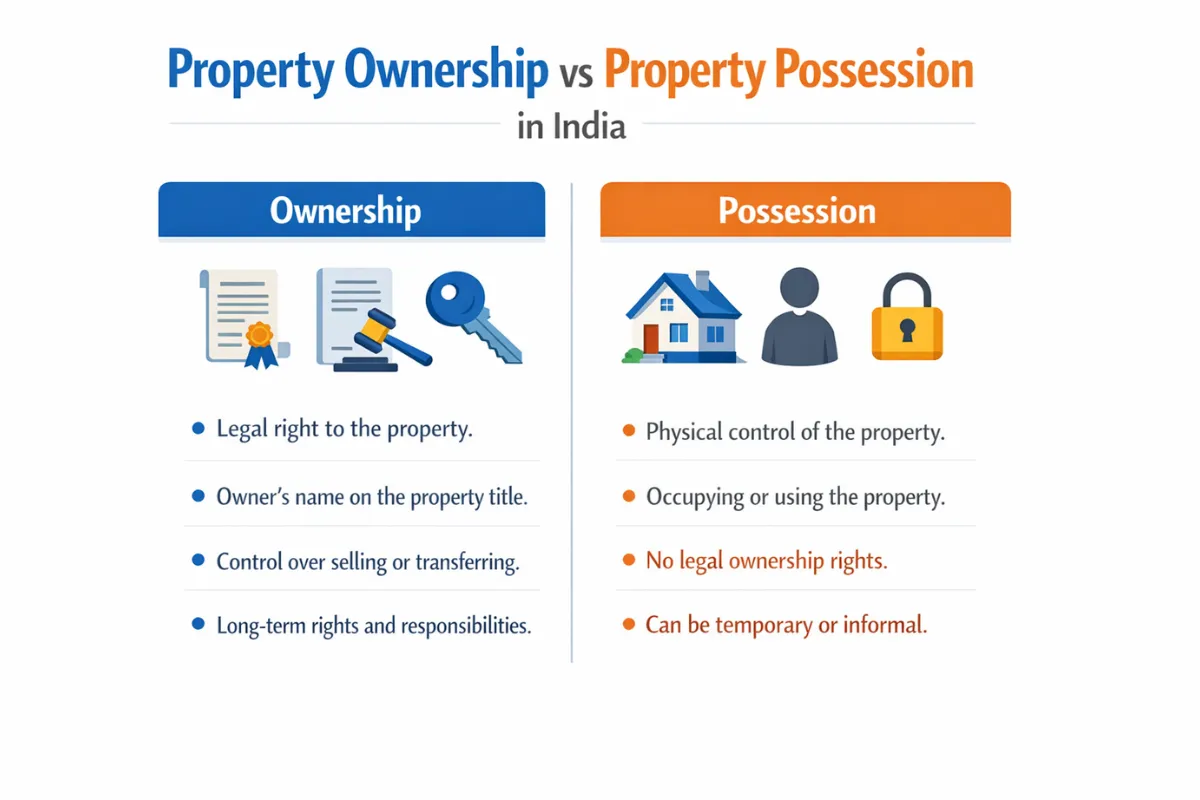Comparison infographic showing the differences between property ownership and property possession in India. Ownership includes legal rights, title ownership, transfer rights, and long-term responsibilities, while possession refers to physical control or occupancy without legal ownership rights.