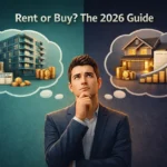 Rent vs buy comparison showing a professional weighing apartment renting against home ownership in 2026.