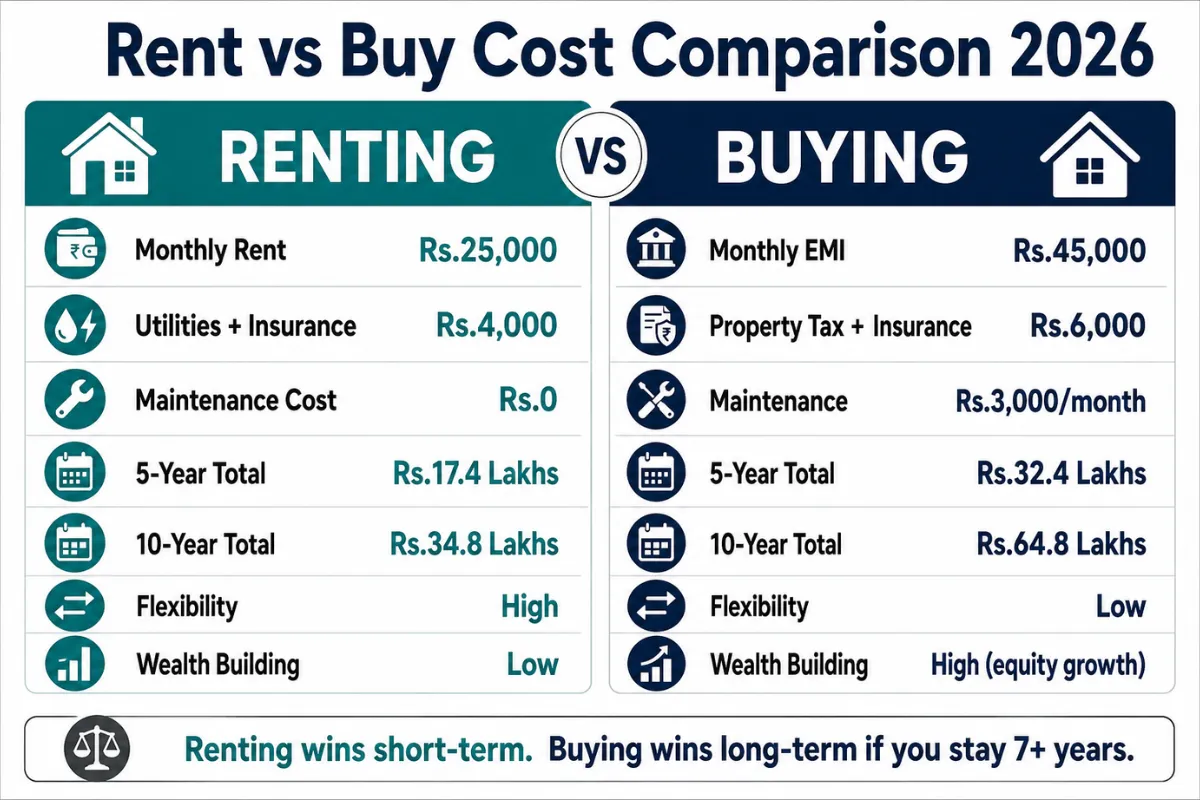 Rent vs buy 2026 comparison of renting and buying costs, flexibility, wealth building, and long-term expenses.
