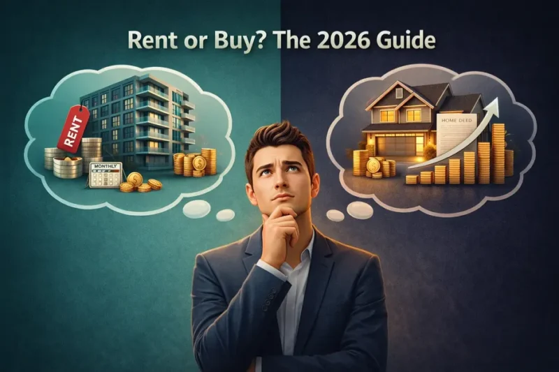 Rent vs buy comparison showing a professional weighing apartment renting against home ownership in 2026.