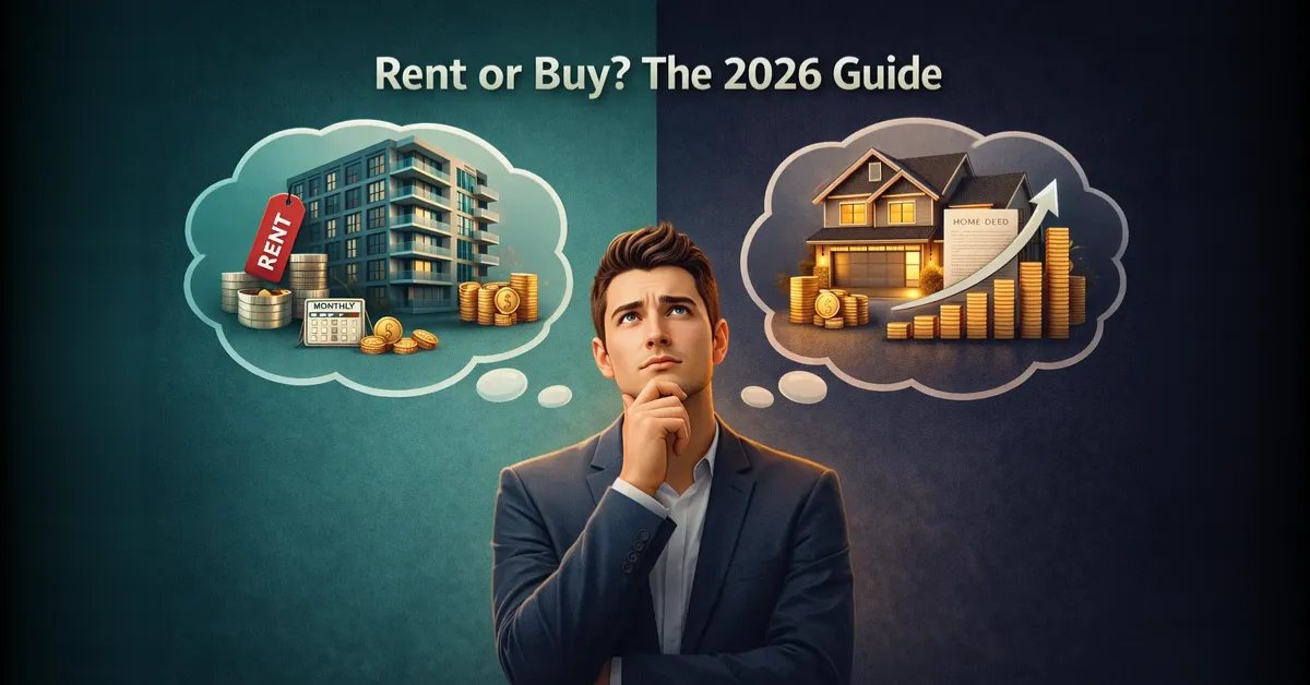 Rent vs buy comparison showing a professional weighing apartment renting against home ownership in 2026.