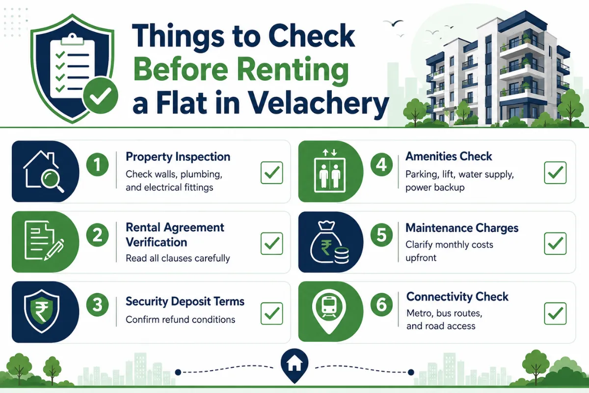 Checklist infographic for renting a flat in Velachery covering inspection, agreement, deposit, amenities and connectivity.