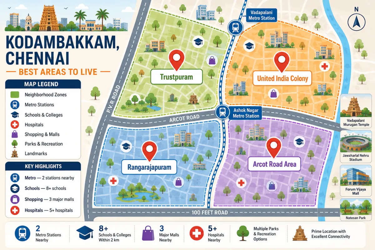 Area map showing neighbourhoods and landmarks around a 1 BHK House for Rent in Kodambakkam.