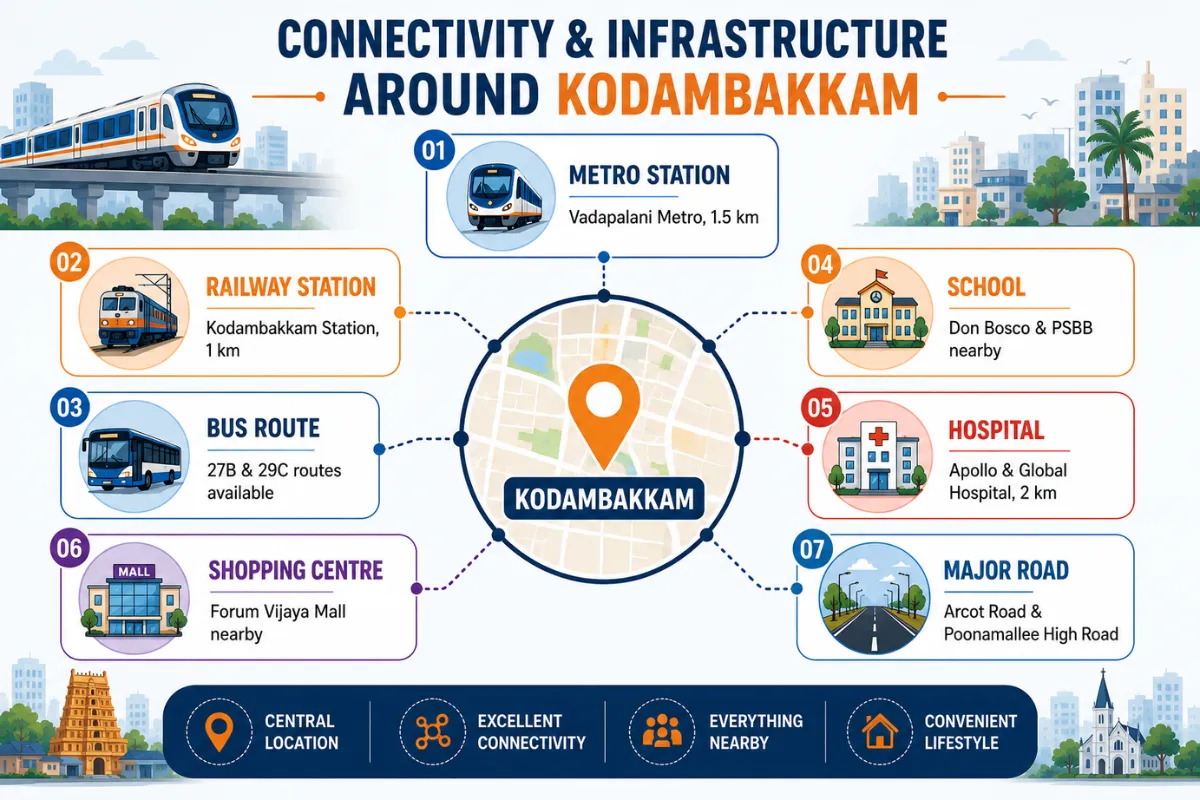 Connectivity and infrastructure near a 1 BHK House for Rent in Kodambakkam including metro, schools and hospitals.