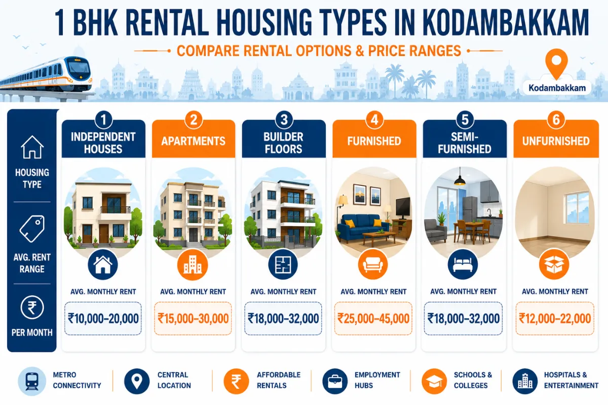 Compare housing types and rental options for a 1 BHK House for Rent in Kodambakkam.