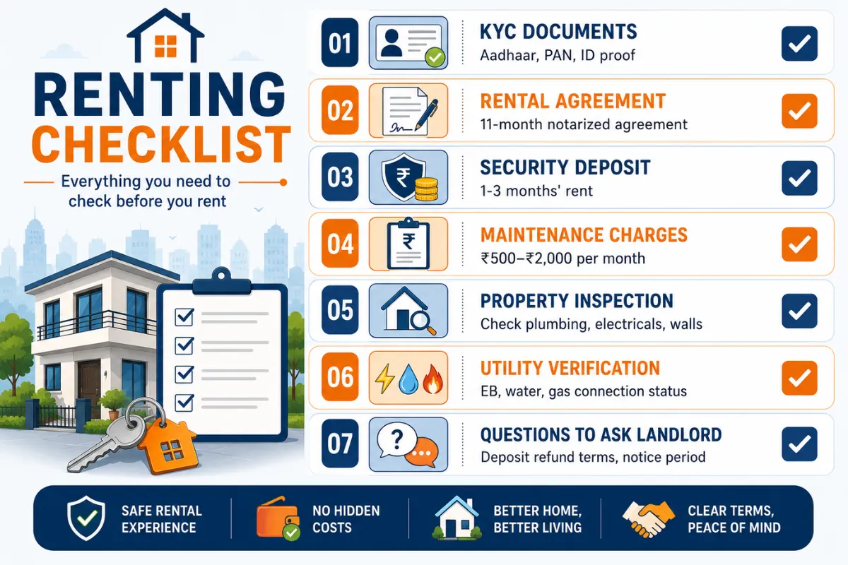 Renting checklist for a 1 BHK House for Rent in Kodambakkam with documents, deposit and inspection tips.