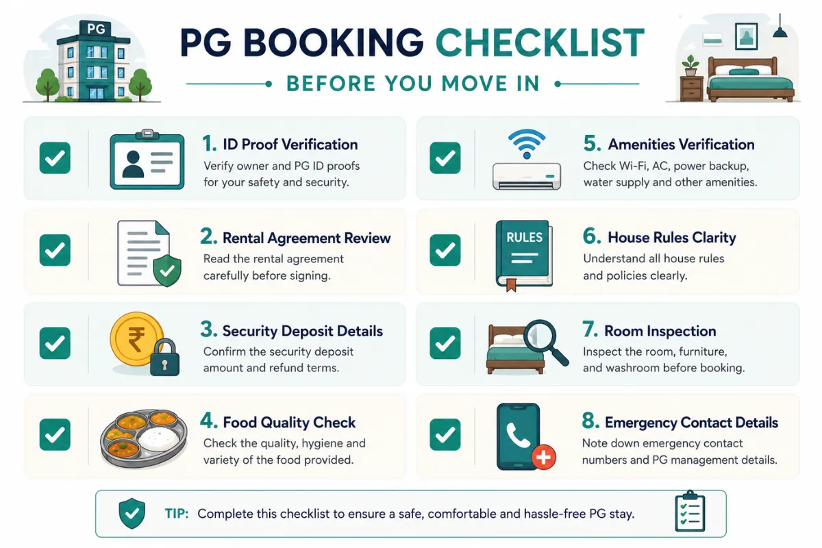 PG for rent in Chennai booking checklist covering ID proof, rental agreement, amenities, room inspection, and safety checks.