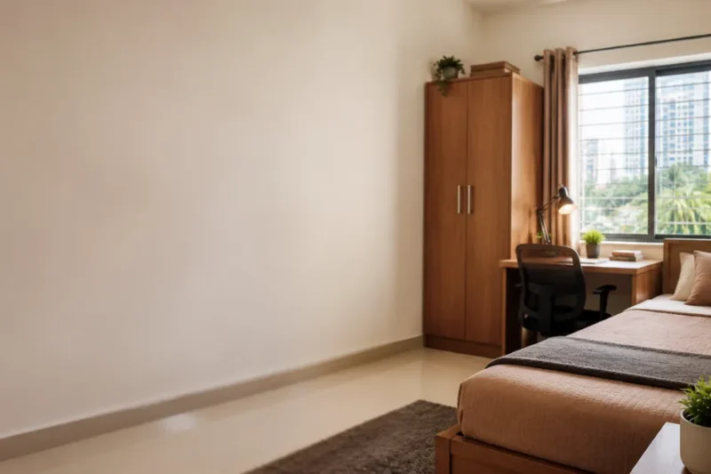 PG for rent in Chennai featuring a clean, fully furnished single room with study desk, wardrobe, and natural lighting.