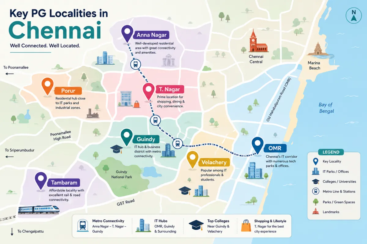 PG for rent in Chennai map highlighting OMR, Guindy, Velachery, Anna Nagar, T. Nagar, Porur, and Tambaram locations.