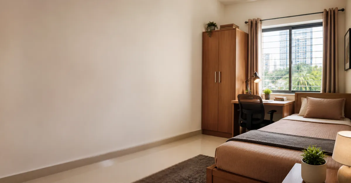 PG for rent in Chennai featuring a clean, fully furnished single room with study desk, wardrobe, and natural lighting.